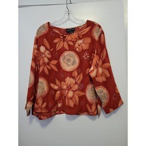 Carole Little Silk Blouse 3/4 Sleeve Mandela Floral Print Burnt Orange Size 8